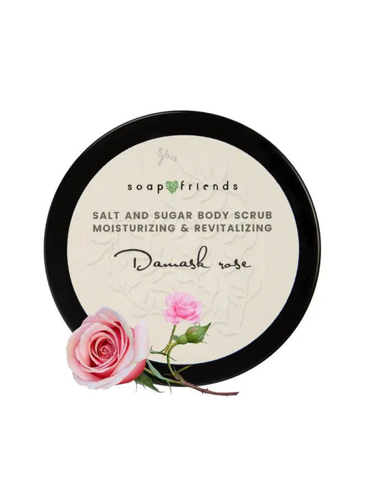 Damask Rose Body Scrub – Natural Sugar Scrub with Argan, Jojoba & Avocado Oils and Panthenol – Exfoliating, Nourishing & Skin-Smoothing Care