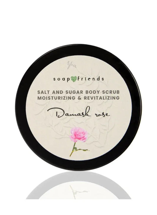 Damask Rose Body Scrub – Natural Sugar Scrub with Argan, Jojoba & Avocado Oils and Panthenol – Exfoliating, Nourishing & Skin-Smoothing Care