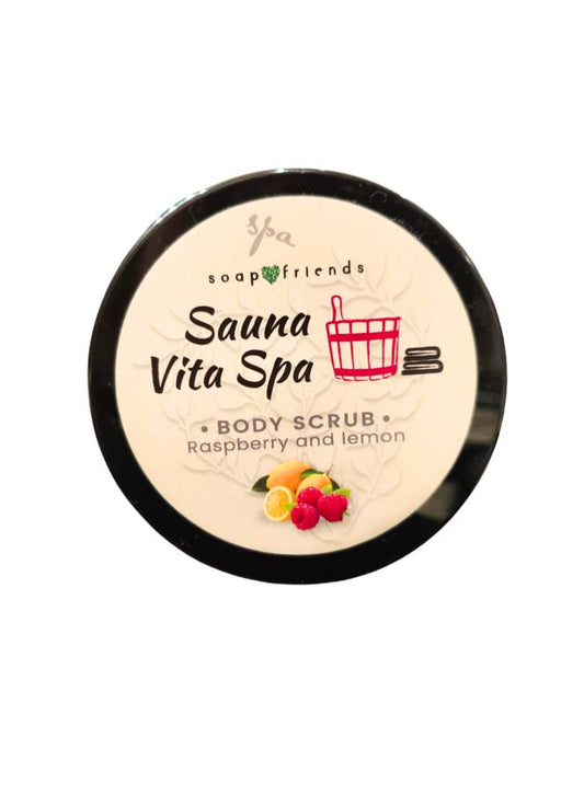 Sauna Vita Spa body scrub container with raspberry and lemon illustration on a white background