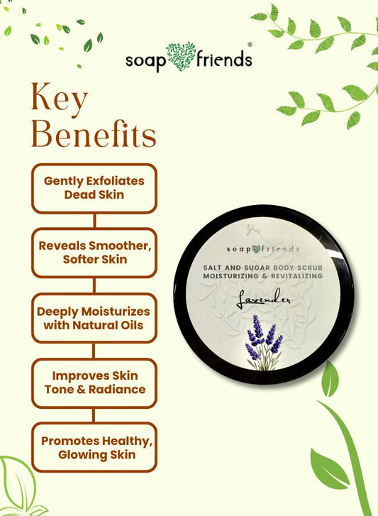 Soap and Friends salt and sugar body scrub with key benefits listed on a light green background