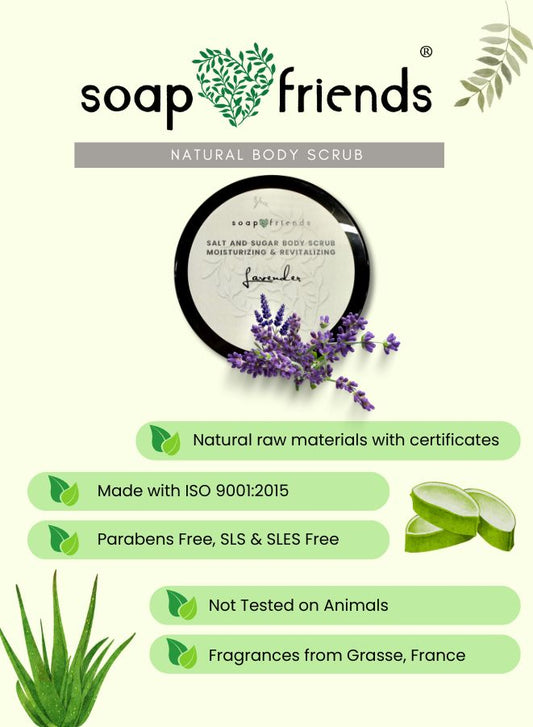 soap&friends natural body scrub with lavender, aloe vera, and certification badges on a white background.