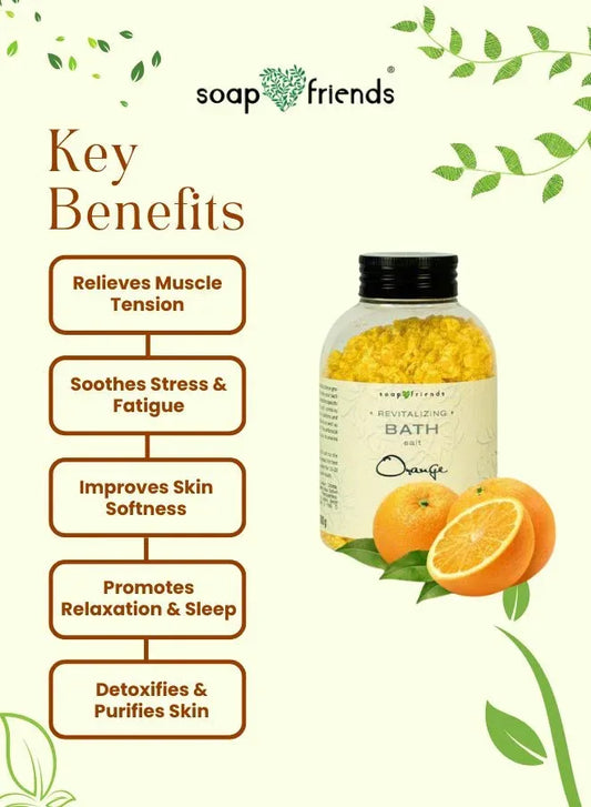 Soap & Friends bath product with key benefits listed on a green leafy background