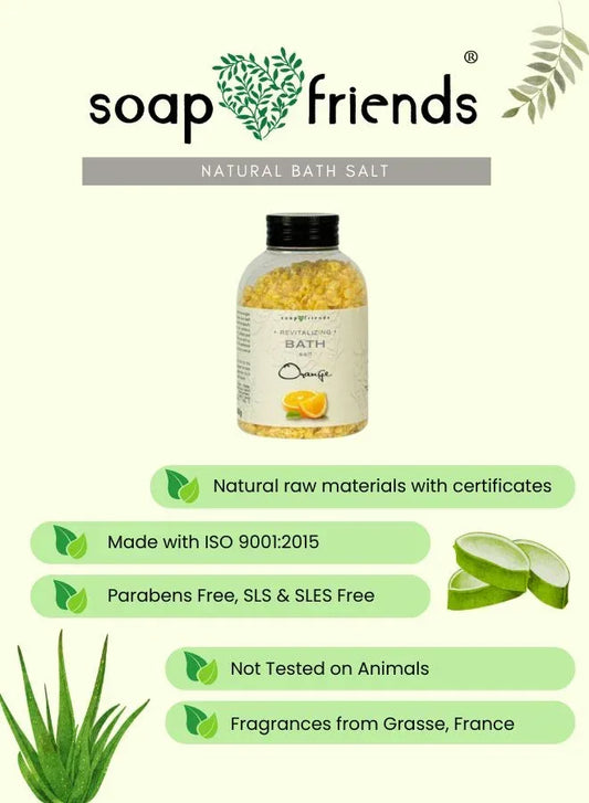 Bottle of bath salt with a label on a light green background, featuring the brand 'soap friends'.