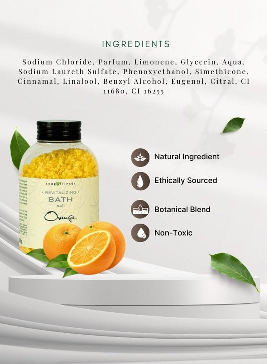 Bath salt with orange flavor packaging on a white background, featuring ingredients and product attributes.