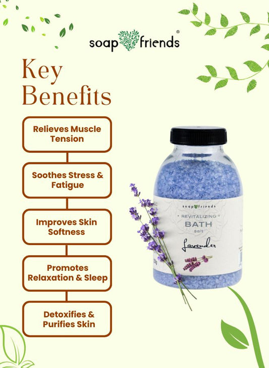 Soap & Friends bath salt with key benefits listed on a green background