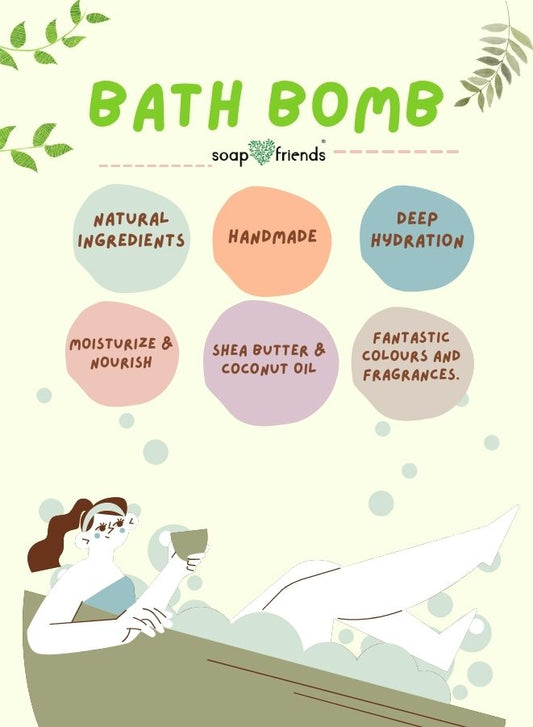 Soap & Friends bath bomb packaging with text about natural ingredients and benefits.