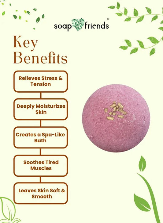 Pink bath bomb with gold flakes on a white background with 'soap & friends' branding and key benefits listed.