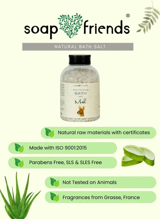 Soap & Friends natural bath salt product with certification details on a green background