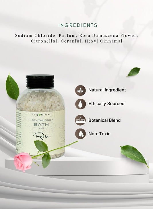 Bottle of bath salt with ingredients listed on a white background