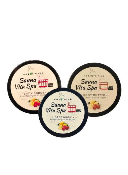 Sauna Vita Spa Raspberry & Lemon Skincare Set – Salt Scrub, Body Butter & Face Mask