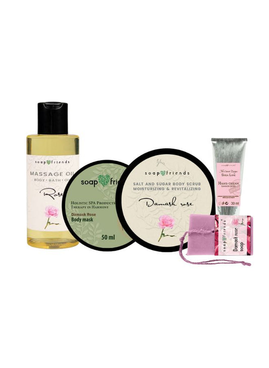 Soap&Friends Damask Rose Gift Set – Hand Cream, Soap, Body Oil, Body Scrub & Body Mask