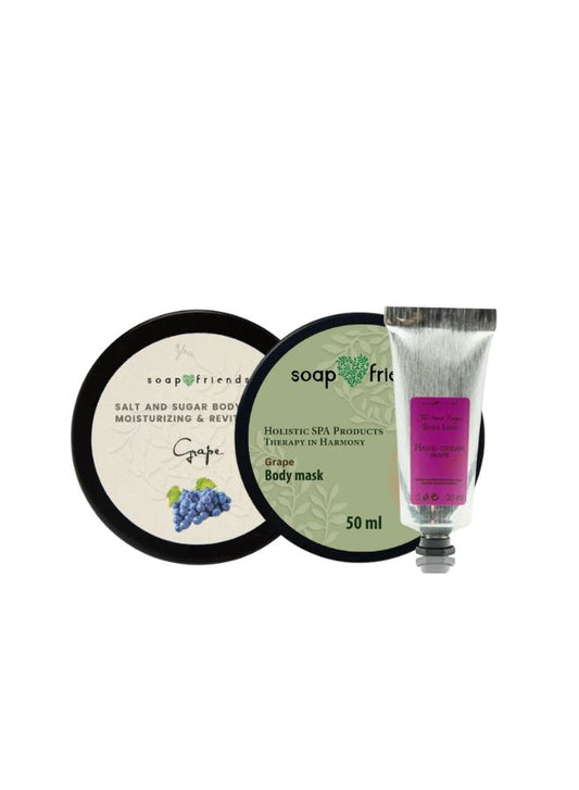 Soap&Friends Natural Grape Flavor Skincare Set – Hand Cream, Body Mask & Salt and Sugar Scrub