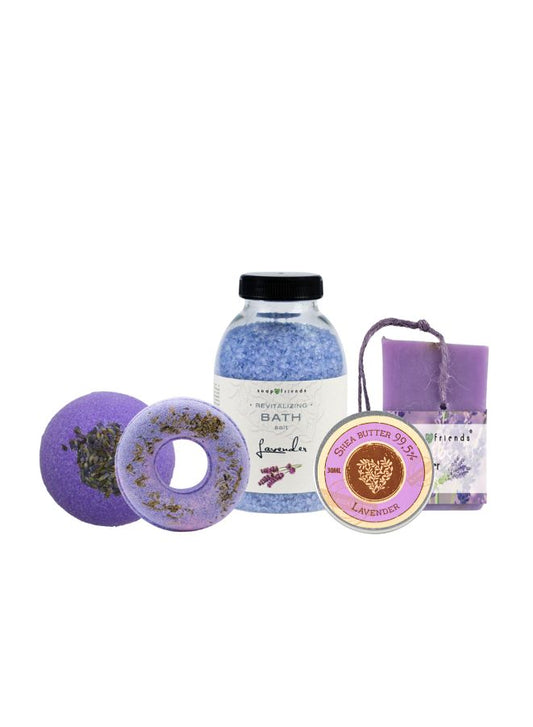 Soap&Friends Natural Lavender Flavor Skincare Set – Bath Salt, Bath Bomb, Fizzy Bath Donut, Body Butter & Soap