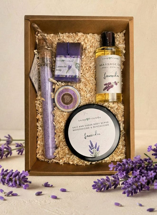Soap&Friends Natural Lavender Skincare Set with Bath Salt Soap Body Scrub Body Butter and Massage Oil
