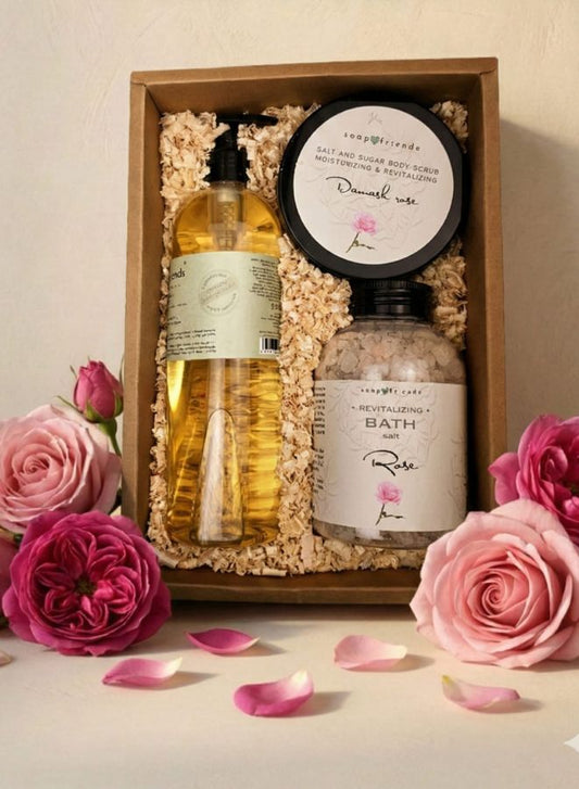 Soap&Friends Natural Rose Skincare Set with Massage Oil Body Scrub and Bath Salt for Relaxing Skin Care