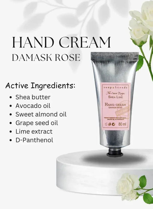 Luxury Rose Bath & Skincare Gift Set – Damask Rose Hand Cream with 20% Organic Shea Butter, Natural Strawberry Lip Balm & Scrub, and Rose Bath Soap