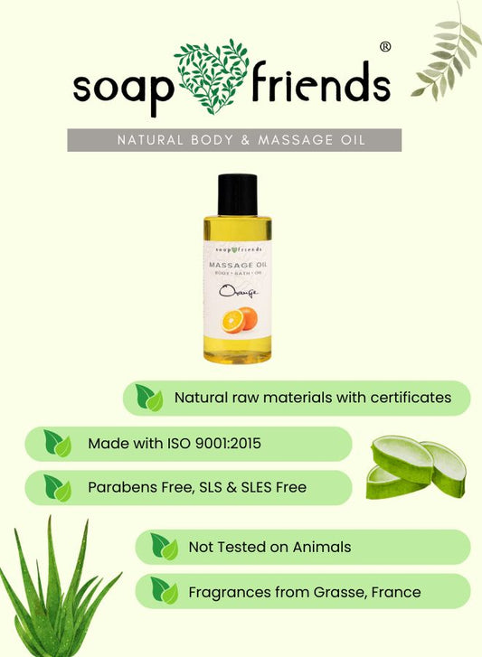 Soap & Friends natural body and massage oil with product and brand details on a light green background.