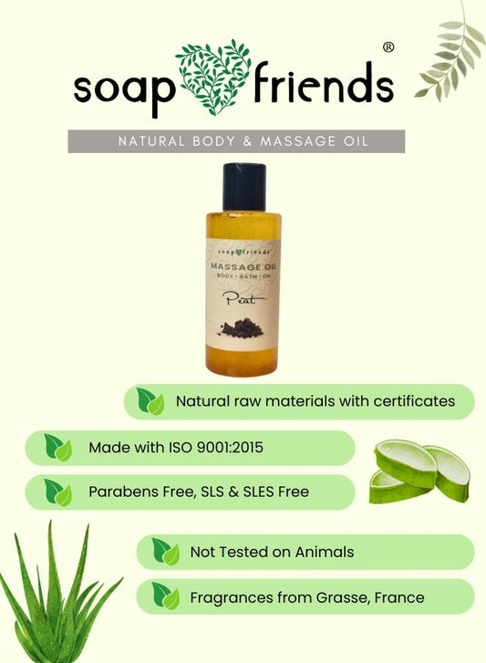 Soap & Friends natural body and massage oil bottle with product details on a light green background