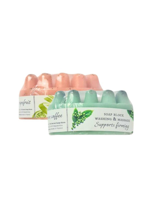 Set of soap blocks with visible branding on a white background