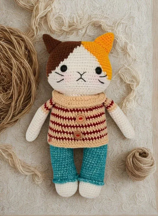 Handmade Natural Cotton Crochet Cat in Striped Shirt Toy Doll – 25cm Amigurumi Sleeping Buddy for Babies, Kids & Adults