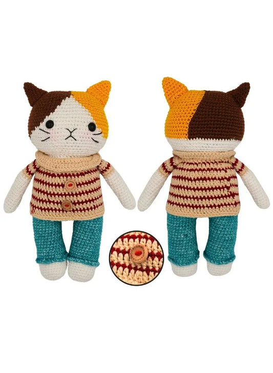 Handmade Natural Cotton Crochet Cat in Striped Shirt Toy Doll – 25cm Amigurumi Sleeping Buddy for Babies, Kids & Adults