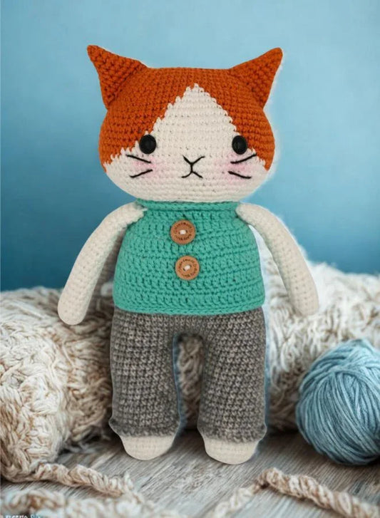 Handmade Natural Cotton Crochet Cat in Blue Shirt Toy Doll – 25cm Amigurumi Sleeping Buddy for Babies, Kids & Adults