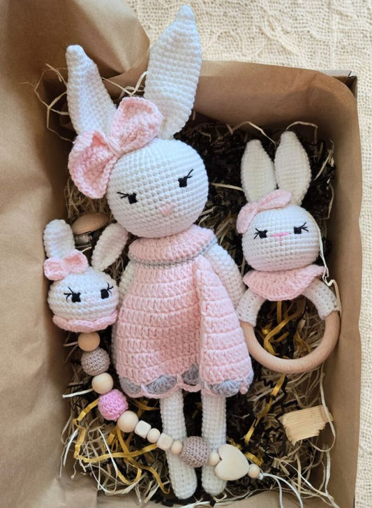 Handmade Natural Cotton Pink Crochet Toy Doll with Rattle and Pacifier Chain Set – 30cm Soft Plush Baby Doll