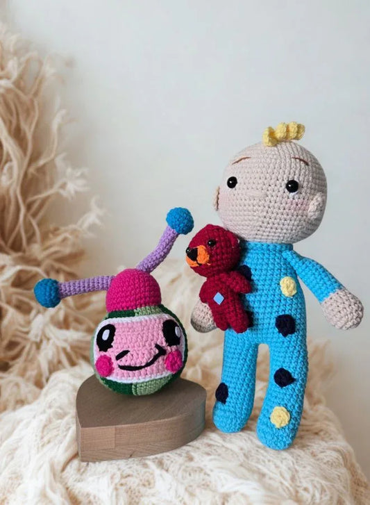 Handmade Crochet Cocomelon Doll Set – Cheerful Boy & Kid with Teddy Bear – 2-Piece Soft Amigurumi Plush Toys for Kids