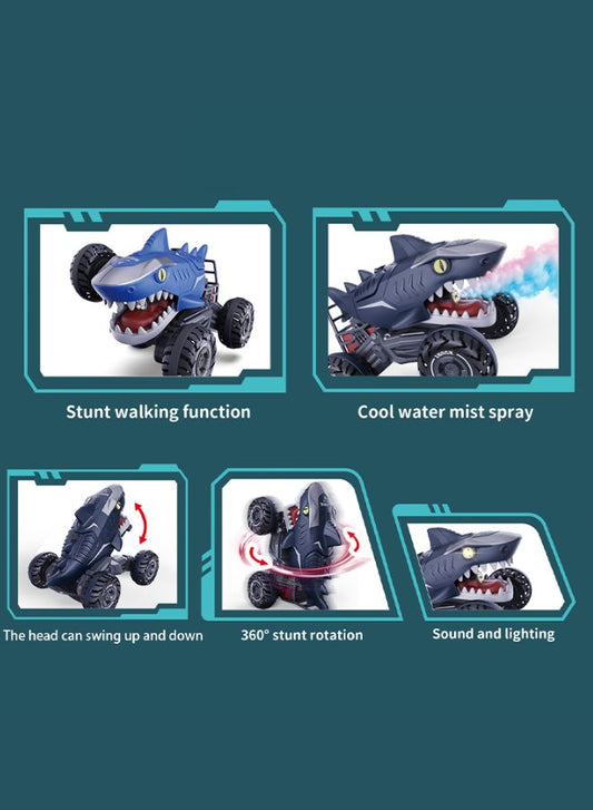 Toy shark with features like stunt walking, water mist spray, head swing, and rotation on a blue background.