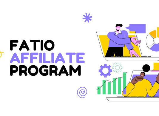 Illustrations of people working on computers with text 'FATIO Affiliate Program' on a white background.
