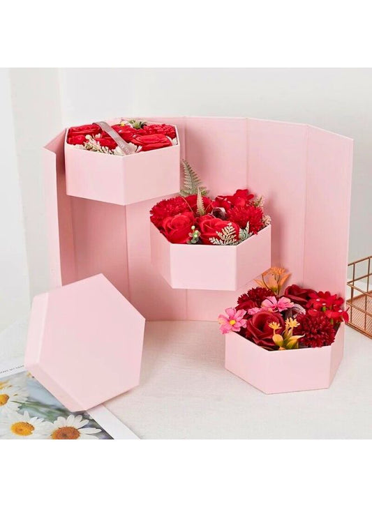 Hexagon Shape Surprise Flower Gift Box, 3 Tier, Gift for anniversary, wedding and Valentine's Day (Pink)