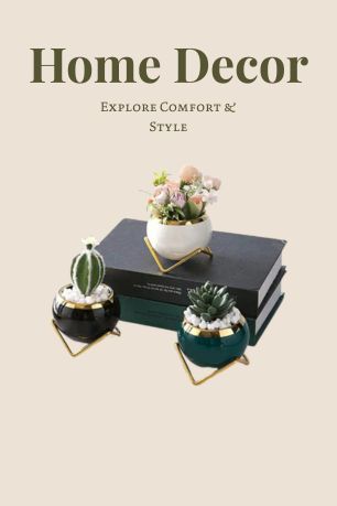 Home decor items including potted plants and books on a beige background with 'Home Decor' text.