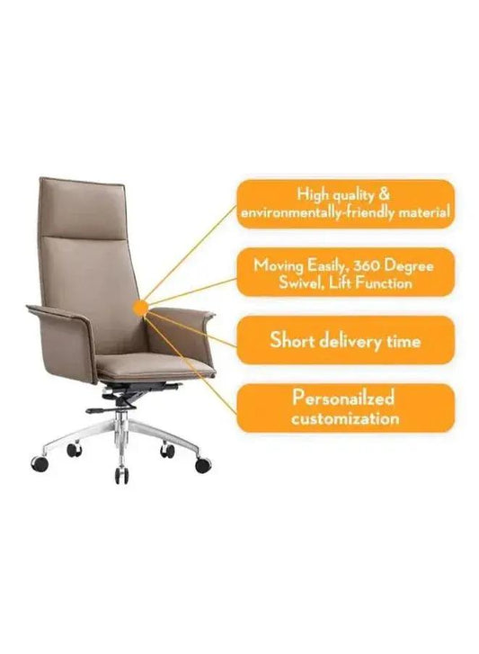 Brown office chair with features highlighted on a white background