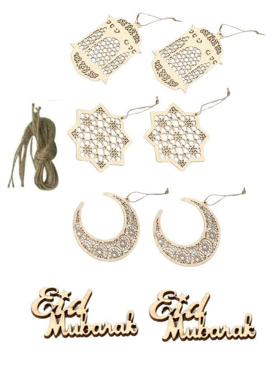 8 Pieces Wooden Hollow Pendant Ornament Eid Ramadan Festive DIY Decorations with Hanging Moon Star Wind Light Shape Ornament for Eid Mubarak