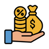 Hand holding a money bag with a dollar sign, indicating wealth or financial gain.