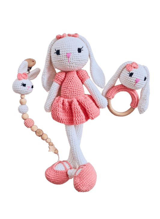 Handmade Natural Wooden and Cotton Crochet Doll with rattle and Pacifier Chain for Toddlers, Pink Bunny, 25cm