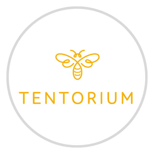 Logo of Tentorium with a bee illustration and text on a white background
