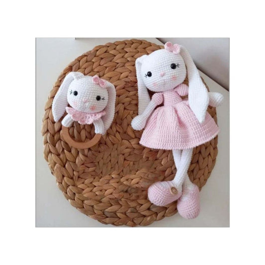 Handmade Natural Wooden and Cotton Crochet Toy Doll with rattle and Pacifier Chain for Baby Friend Amigurumi Crochet Sleeping Buddy for Kids and Adults, Bunny 6 25cm Fatio General Trading