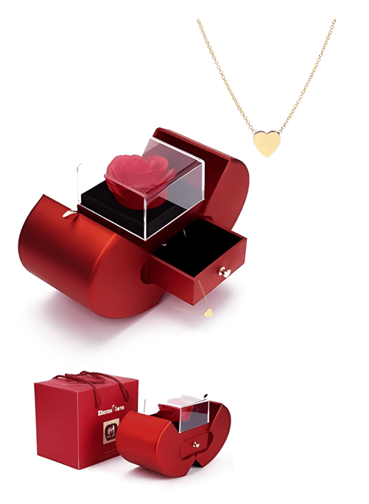Preserved Red Rose with Heart shape Gold Necklace in Heart Shape Jewelry Box-Valentines Day Gifts for Her