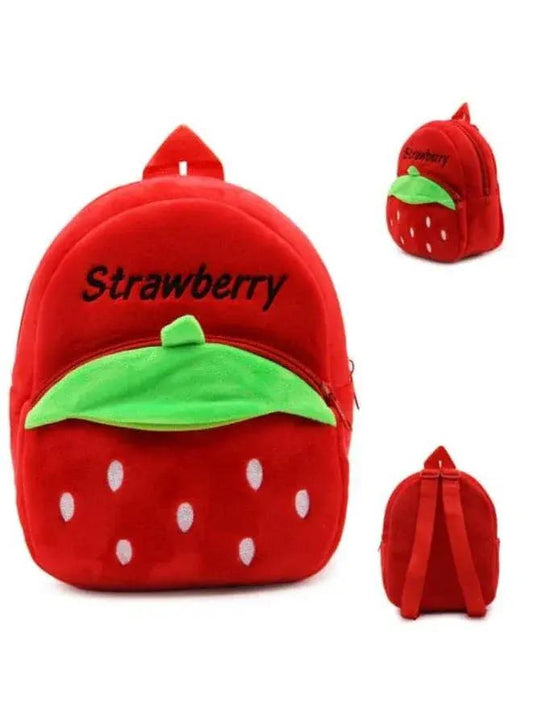 Red strawberry-shaped backpack with green leaves on a white background