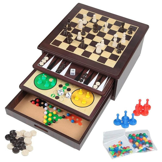 10-in-1 Wooden Board Game Set with Storage Case | Includes Chess, Checkers, Backgammon & More | Compact Multifunctional Game Box