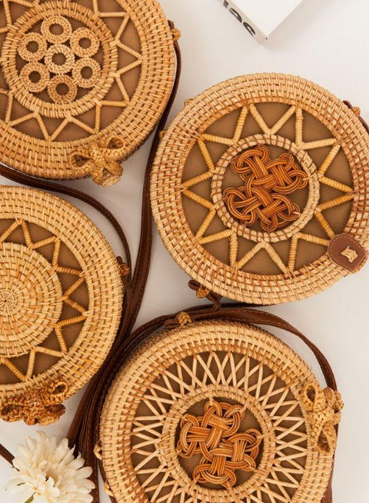 Hand made Round Rattan Bag for Women - Ladies Handmade Straw Bags - Trendy Wicker Purse with Brown Circle Design - Stylish Crossbody Bags for Fashionable Vibes for Girls
