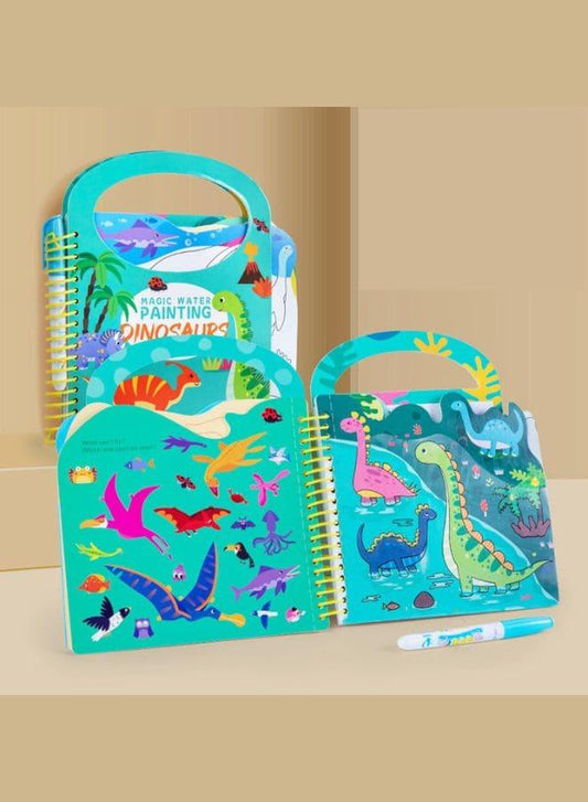 Colorful dinosaur-themed activity book with a pen on a beige background