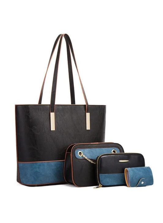 Women's 4-Piece Leather Tote Bag, Top-Handle Shoulder Bag, Blue/Patchwork Fatio General Trading