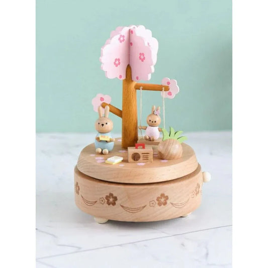 Wooden Bunny Windup Music Box, No Battery Home Wood Decor, Wooden Cute Rabbit Music Box Gift for Birthday Wedding Christmas Fatio General Trading