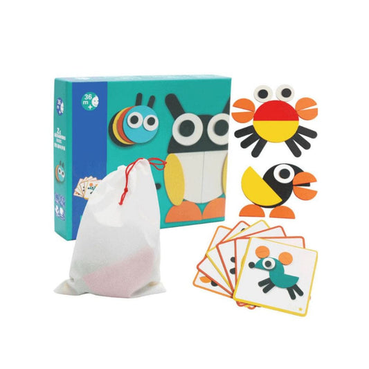 Wooden Pattern Blocks Geometric Shapes Animals Puzzle Early Educational Toys Tangram Set for Kids with 20 Design Cards Fatio General Trading