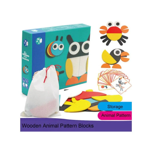 Wooden Pattern Blocks Geometric Shapes Animals Puzzle Early Educational Toys Tangram Set for Kids with 20 Design Cards Fatio General Trading