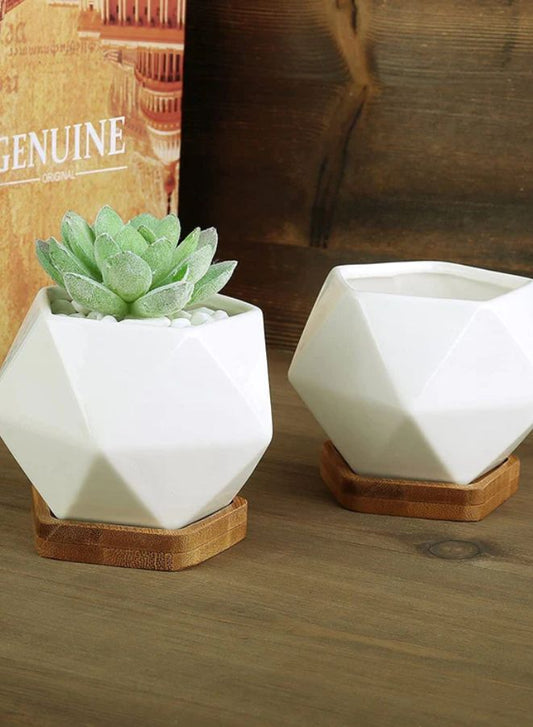 Mini Geometric Indoor Plant Pot with Bamboo Tray & Drainage Hole – Small Succulent Planter for Desk, Office, or Home Garden (Plant Not Included)