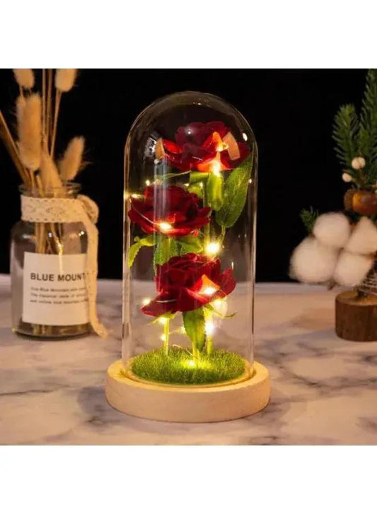 Valentine's Day Rose Gift for Her – Beauty and the Beast-Inspired Rose with Grass and Wooden Base, Perfect for Anniversaries, Birthdays, and Romantic Occasions