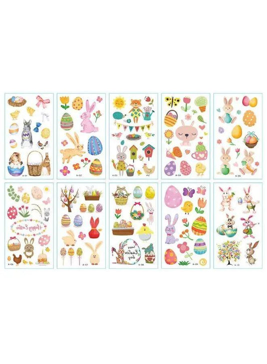 10 Sheet Easter Tattoo Stickers Cartoon Rabbit Temporary Tattoo Sticker Kids Children Adult Rabbit Bunny Easter Egg Stickers Fatio General Trading